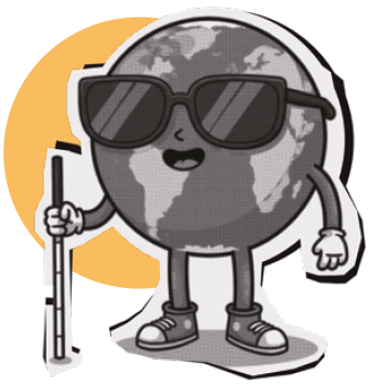 Imagem: Ilustração. Um globo terrestre estilizado com olhos, nariz, boca, braços e pernas, usa tênis, luvas e óculos escuros e segura uma bengala branca na mão. O globo sorri. Ao fundo, há um círculo amarelo. Fim da imagem.