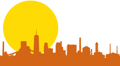 Imagem: Ilustração. Silhueta em laranja de uma cidade com edifícios e torres de alturas diversas. Ao fundo, um círculo amarelo. Fim da imagem.