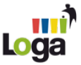Imagem: Logotipo da Loga composto pelo nome em letras pretas sendo a letra 'O' em verde. Acima, ilustração de quatro lixeiras nas cores vermelho, azul, amarelo e verde. Sobre a lixeira verde há a silhueta de uma pessoa inclinada.  Fim da imagem.