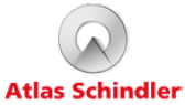 Imagem: Logotipo da Atlas Schindler composto pelo nome em letras vermelhas; acima, a ilustração de um círculo cinza com um triângulo no centro, na parte inferior. Fim da imagem.