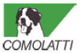 Imagem: Logotipo da Comolatti composto pelo nome em letras maiúsculas pretas e, acima, a ilustração de um cachorro branco com manchas pretas e língua de fora; ao fundo, um retângulo verde. Fim da imagem.