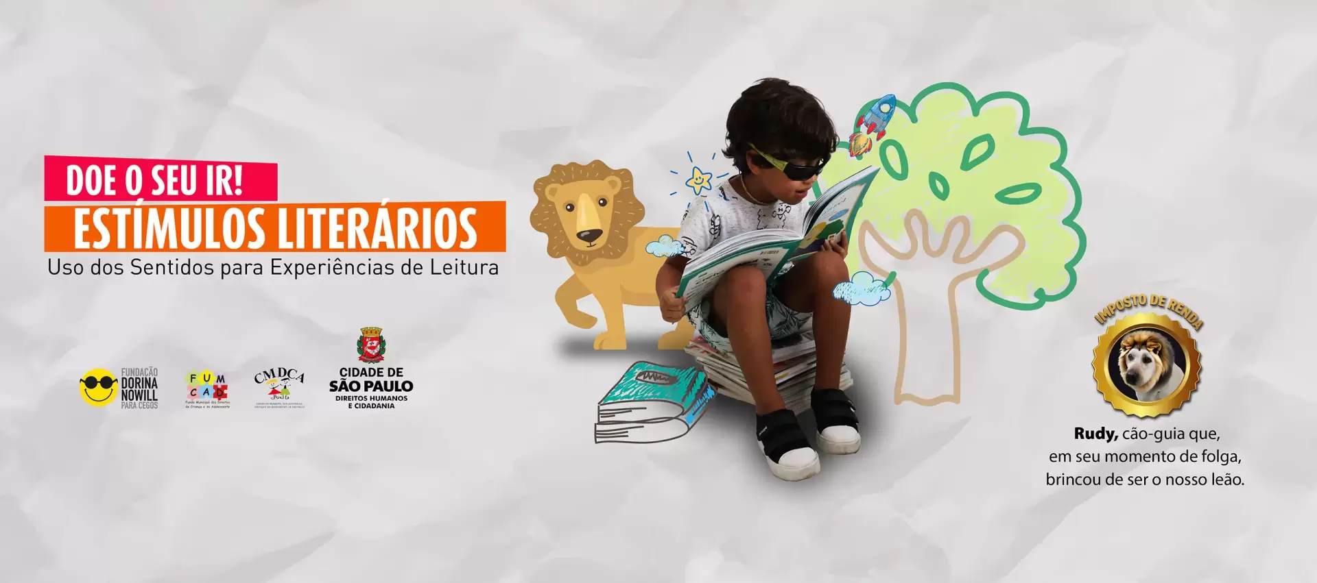 Descrição: banner da campanha de doação do imposto de renda. Criança com deficiência visual com um livro braille na mão. Ao lado dele, ilustrações de um leão, um livro e uma árvore. No lado esquerdo, o texto: Doe seu IR. Estímulos literários.