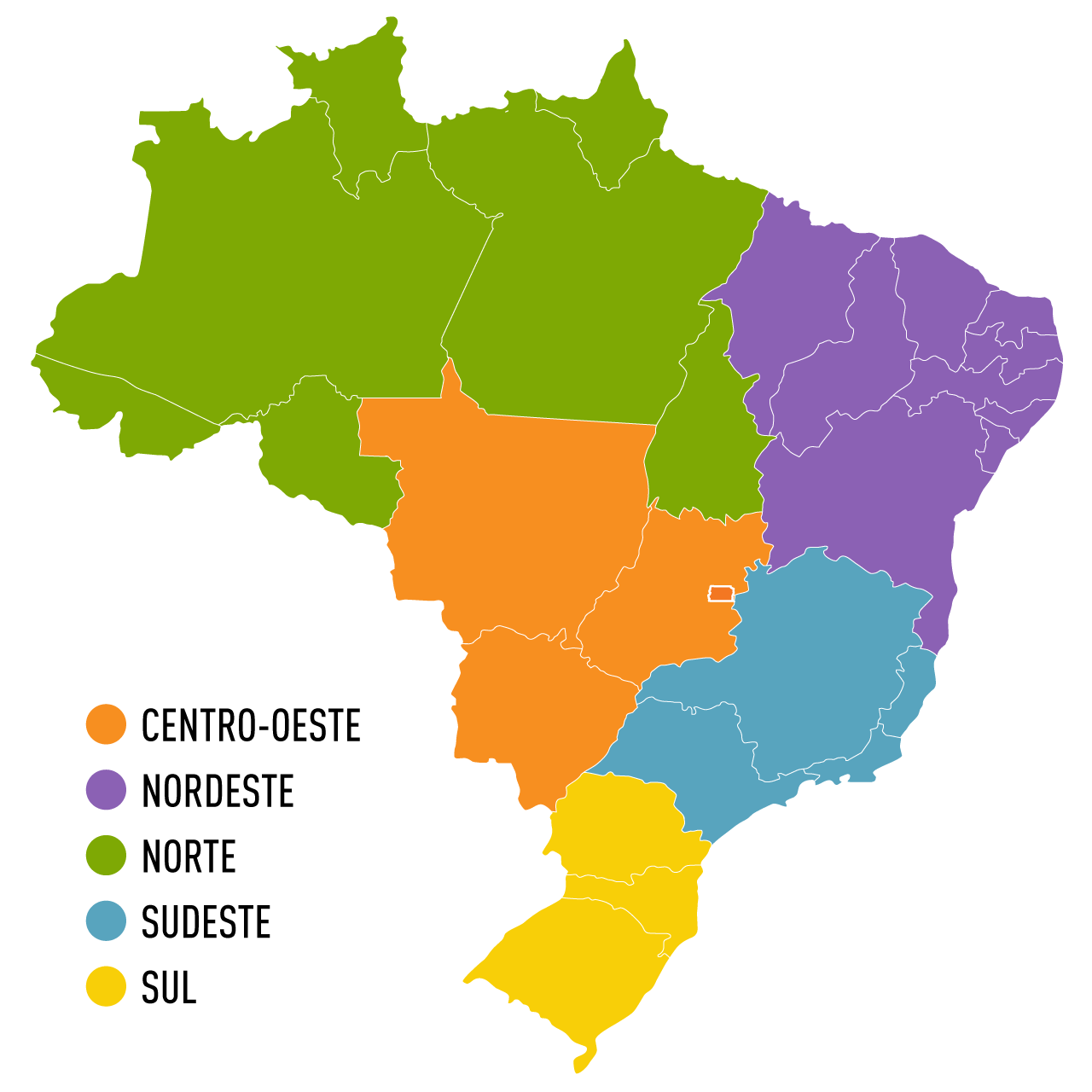 A imagem mostra o mapa do Brasil com as regiões representadas por cores: Norte em verde, Nordeste em roxo, Centro-Oeste em laranja, Sudeste em azul e Sul em amarelo. Em cada região há um botão onde é possível clicar e ir diretamente aos áudios dos estados de cada região.