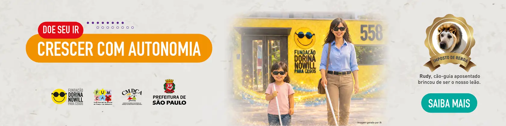 Uma mulher e uma jovem com óculos escuros sorriem enquanto passam por um prédio amarelo de número 558. Aparece um crachá com o rosto de um cão e "Mascote da Cão Guia", promovendo a doação de cães guia e o atendimento gratuito a pessoas cegas e com baixa visão.