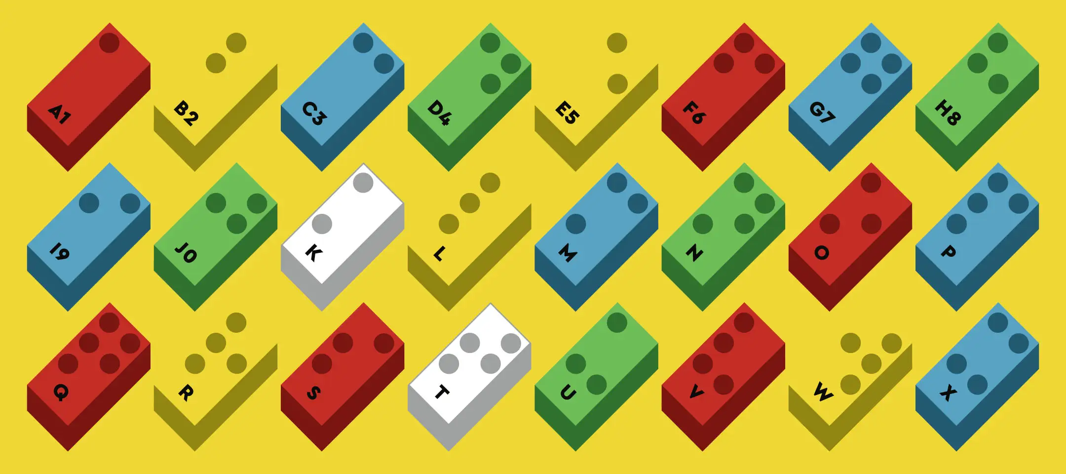 Tijolos de Lego coloridos rotulados com letras e números estão dispostos diagonalmente em um fundo amarelo; cada tijolo é vermelho, azul, verde ou branco e rotulado de A1 a X6, com sombras amarelas correspondentes atrás de cada tijolo.
