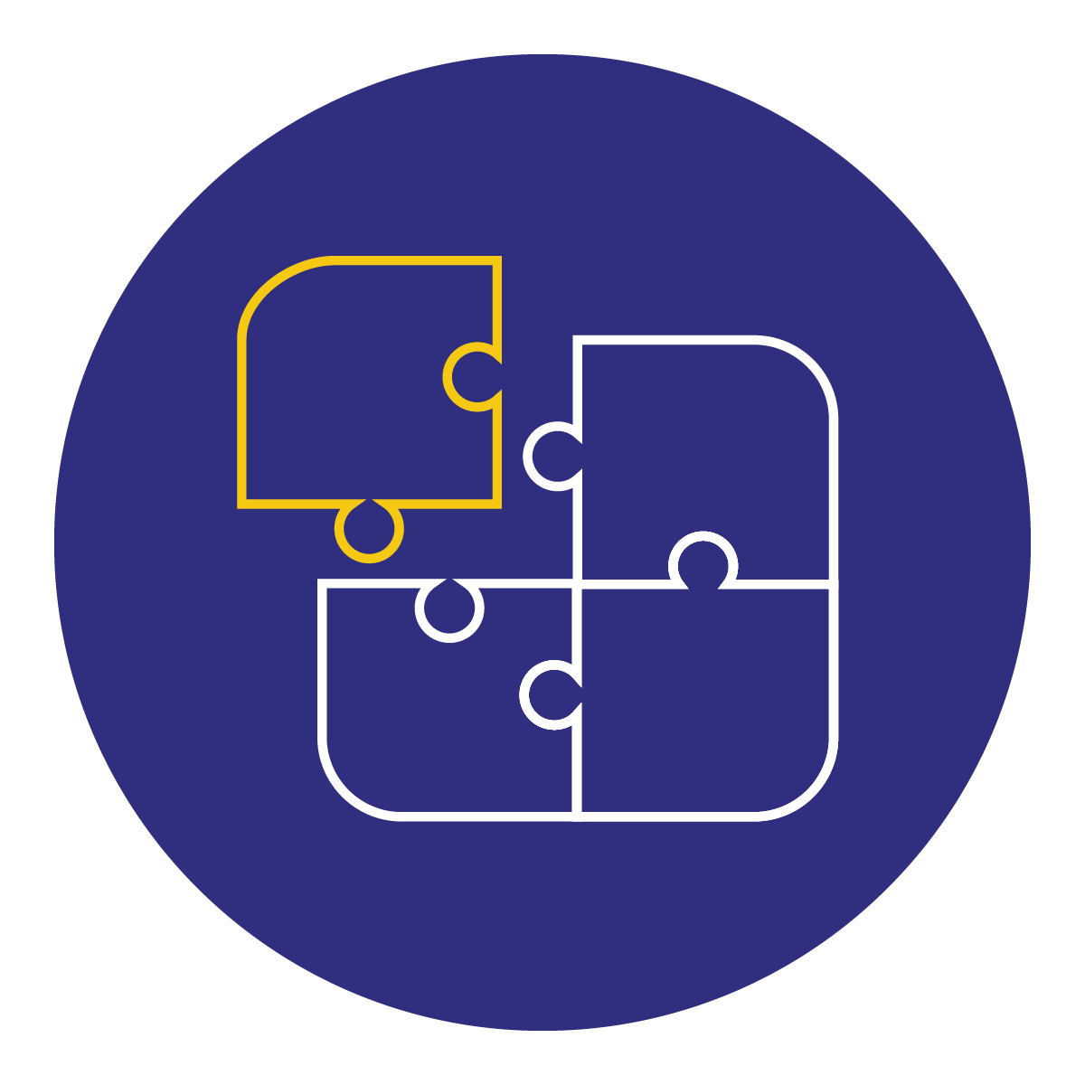 Um círculo azul com quatro peças de quebra cabeça delineadas em branco e amarelo. Três peças se conectam em branco, enquanto uma peça amarela está separada acima, indicando que está prestes a se encaixar no lugar.
